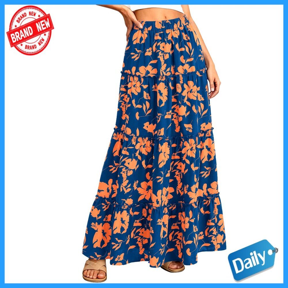 Floral Maxi Skirt Elastic Waist Tiered Flowy Boho Midi with Pockets